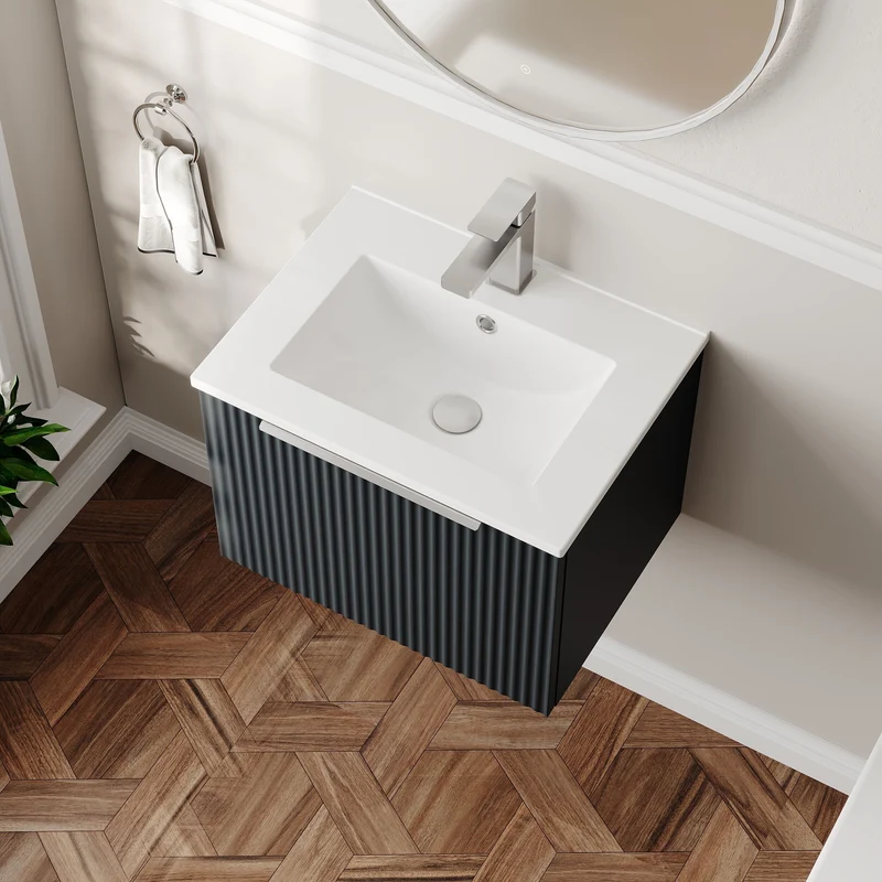 Hudson Reed Fluted Wall Hung 500mm Vanity Unit With 1 Drawer & Ceramic Basin - Satin Anthracite