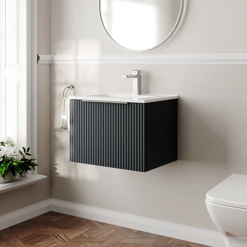 Hudson Reed Fluted Wall Hung 500mm Vanity Unit With 1 Drawer & Ceramic Basin - Satin Anthracite