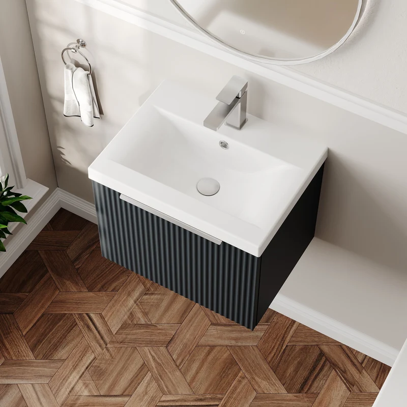 Hudson Reed Fluted Wall Hung 500mm Vanity Unit With 1 Drawer & Ceramic Basin - Satin Anthracite