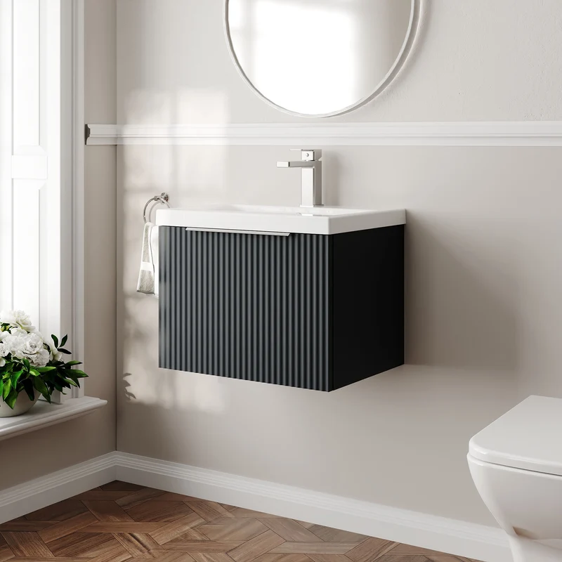 Hudson Reed Fluted Wall Hung 500mm Vanity Unit With 1 Drawer & Ceramic Basin - Satin Anthracite