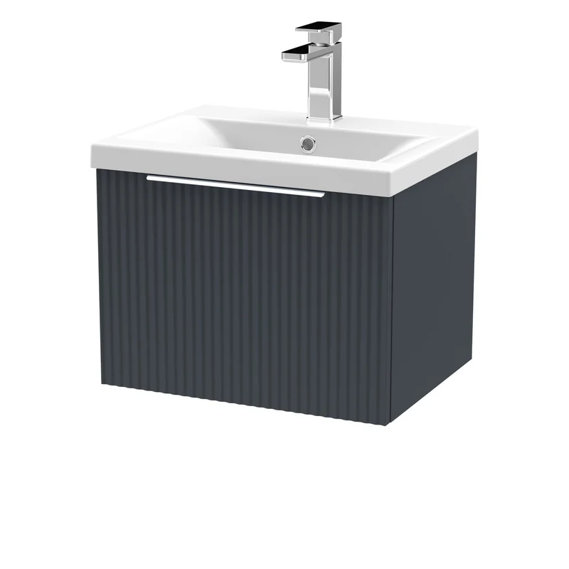 Hudson Reed Fluted Wall Hung 500mm Vanity Unit With 1 Drawer & Ceramic Basin - Satin Anthracite