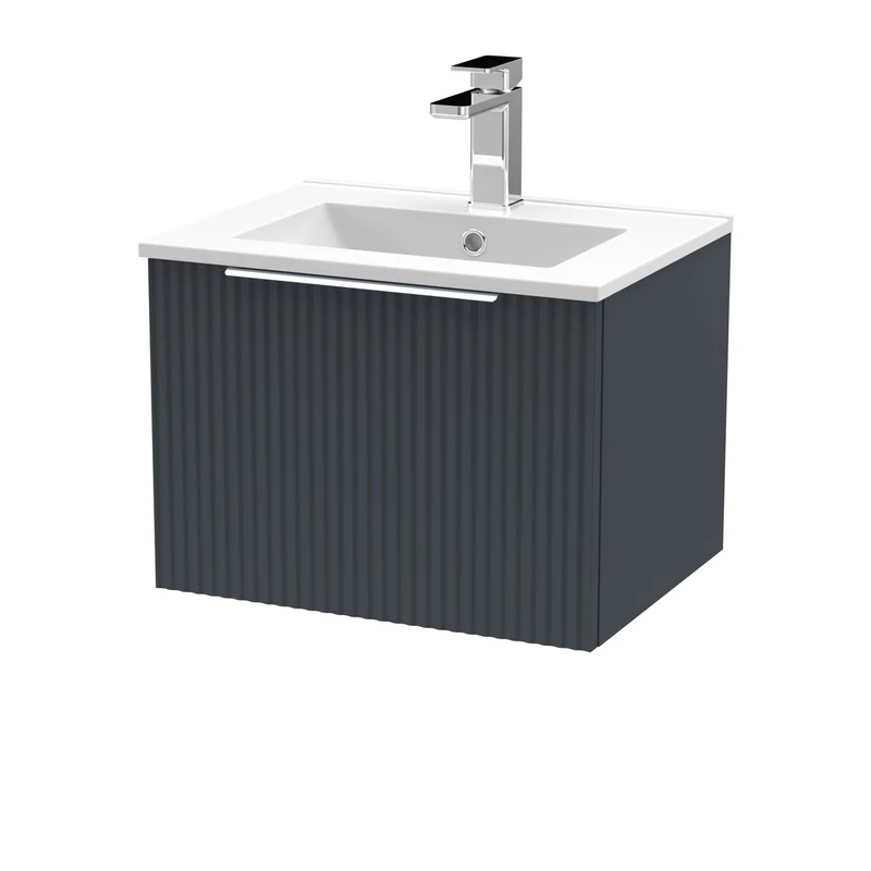 Hudson Reed Fluted Wall Hung 500mm Vanity Unit With 1 Drawer & Ceramic Basin - Satin Anthracite