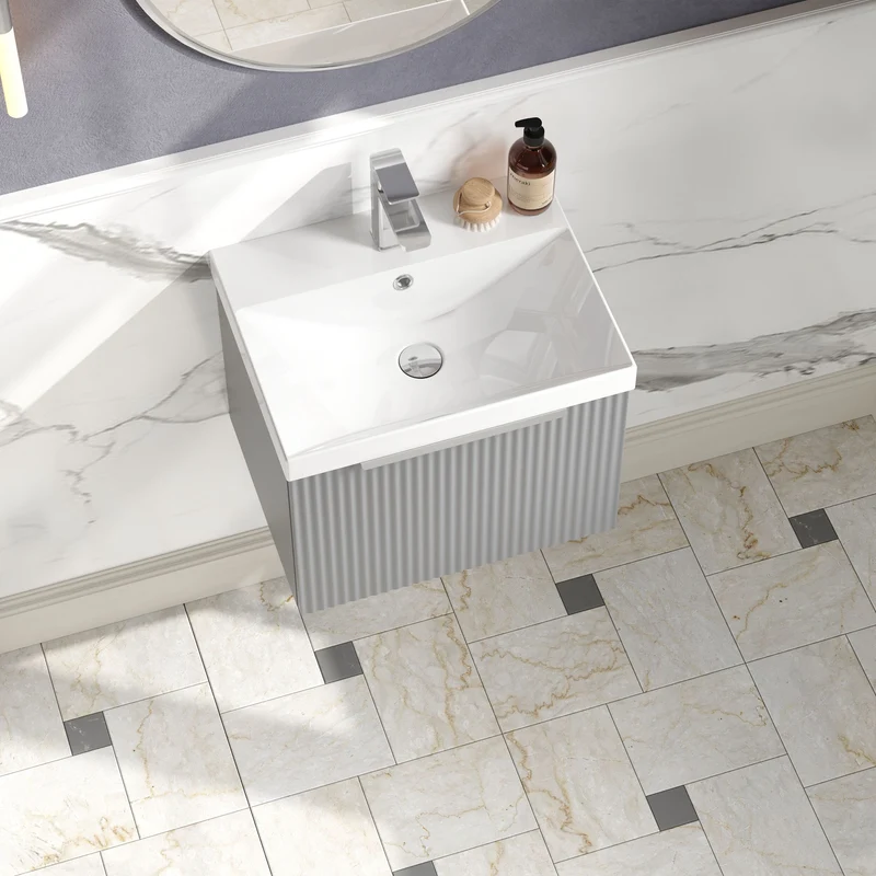 Hudson Reed Fluted Wall Hung 500mm Vanity Unit With 1 Drawer & Ceramic Basin - Satin Grey