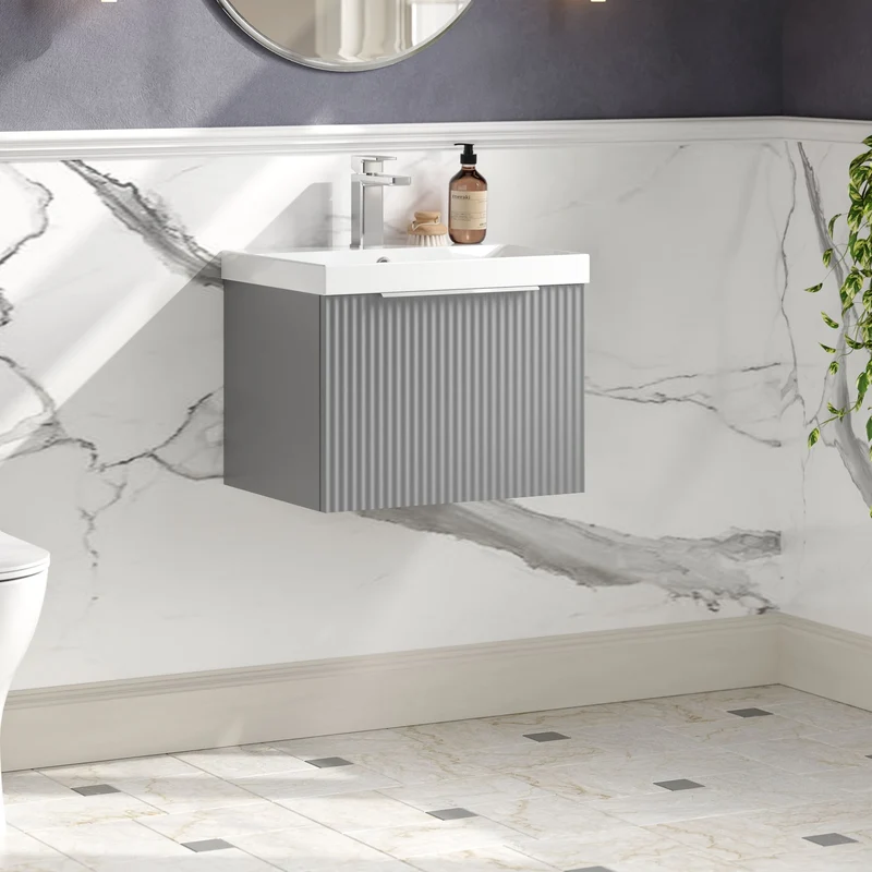 Hudson Reed Fluted Wall Hung 500mm Vanity Unit With 1 Drawer & Ceramic Basin - Satin Grey