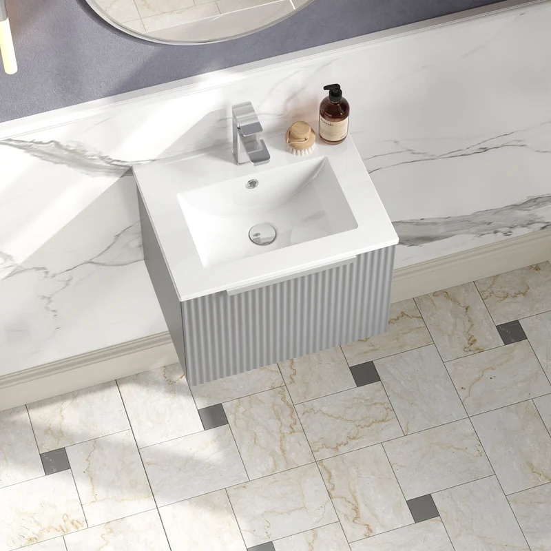 Hudson Reed Fluted Wall Hung 500mm Vanity Unit With 1 Drawer & Ceramic Basin - Satin Grey