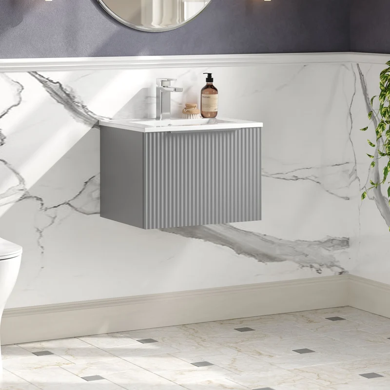 Hudson Reed Fluted Wall Hung 500mm Vanity Unit With 1 Drawer & Ceramic Basin - Satin Grey