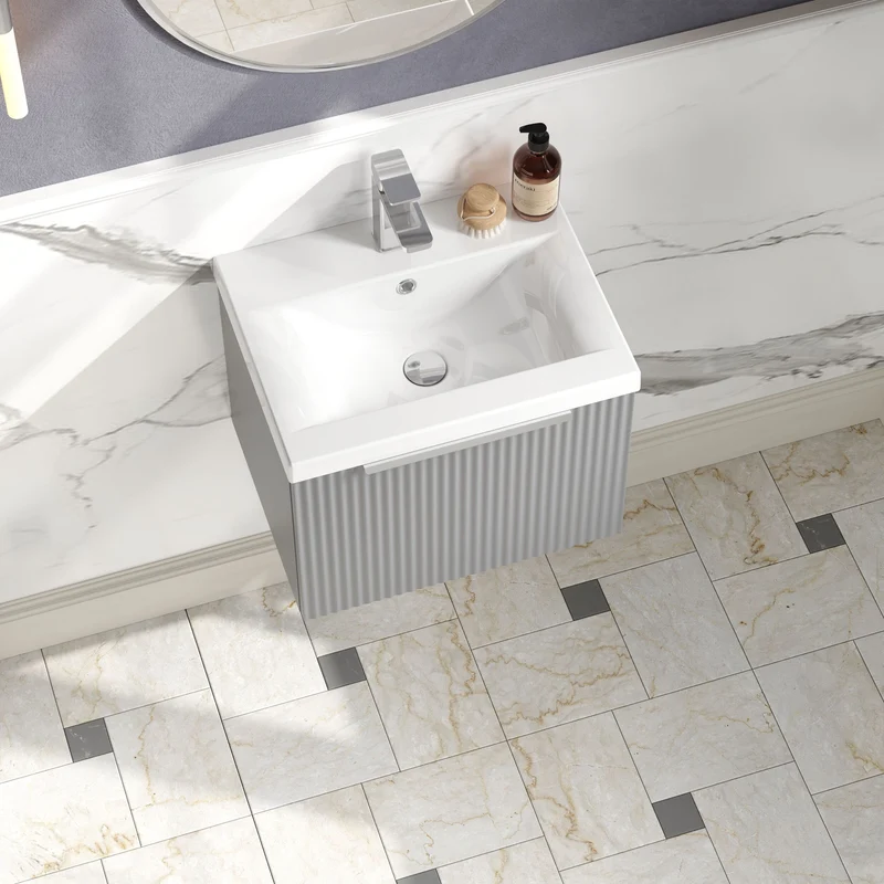Hudson Reed Fluted Wall Hung 500mm Vanity Unit With 1 Drawer & Ceramic Basin - Satin Grey