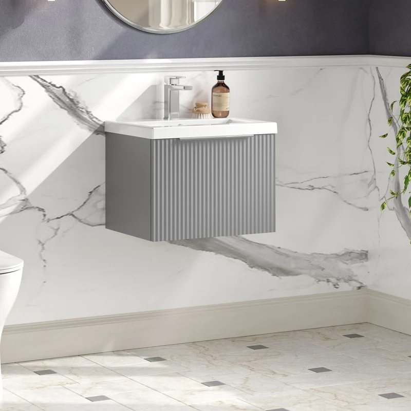 Hudson Reed Fluted Wall Hung 500mm Vanity Unit With 1 Drawer & Ceramic Basin - Satin Grey