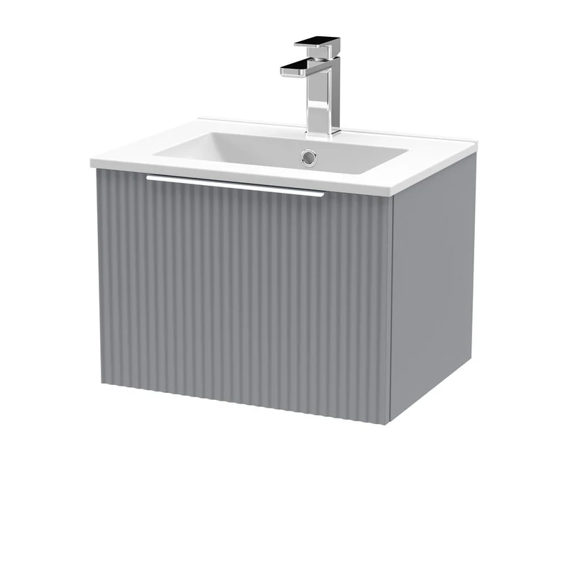 Hudson Reed Fluted Wall Hung 500mm Vanity Unit With 1 Drawer & Ceramic Basin - Satin Grey