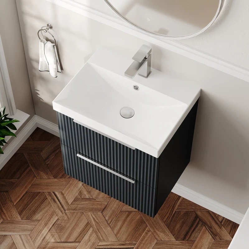 Hudson Reed Fluted Wall Hung 500mm Vanity Unit With 2 Drawers & Ceramic Basin - Satin Anthracite
