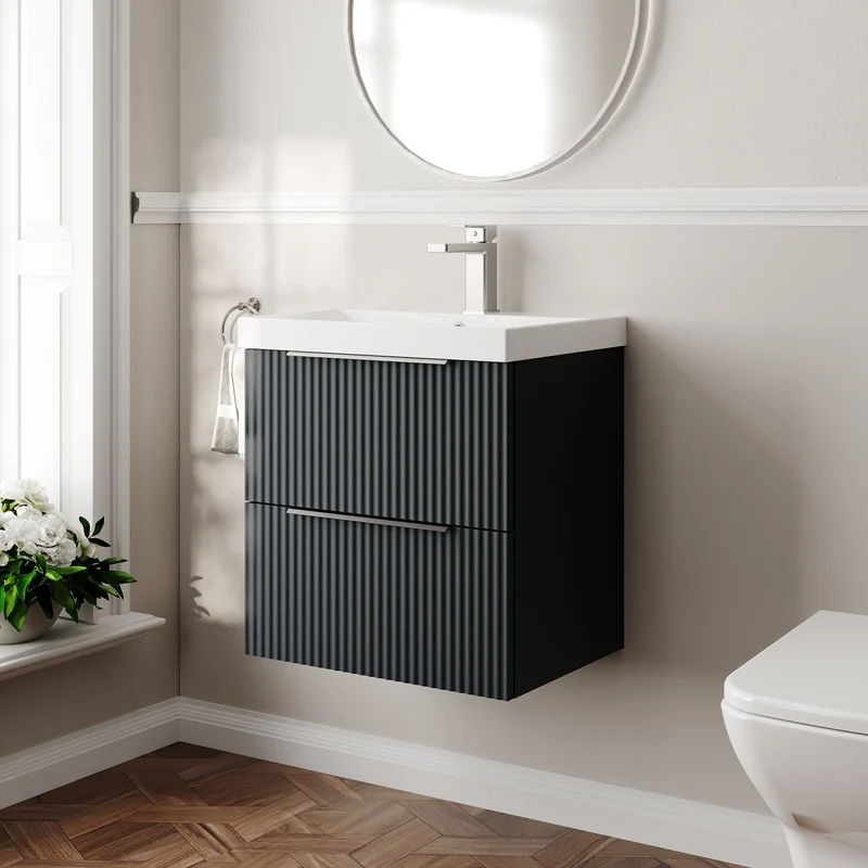 Hudson Reed Fluted Wall Hung 500mm Vanity Unit With 2 Drawers & Ceramic Basin - Satin Anthracite