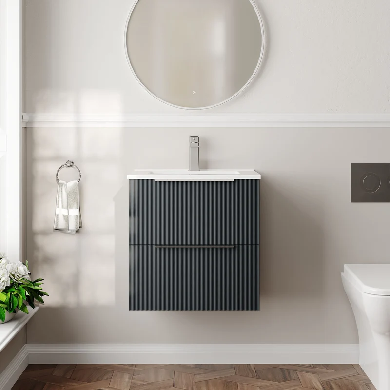Hudson Reed Fluted Wall Hung 500mm Vanity Unit With 2 Drawers & Ceramic Basin - Satin Anthracite