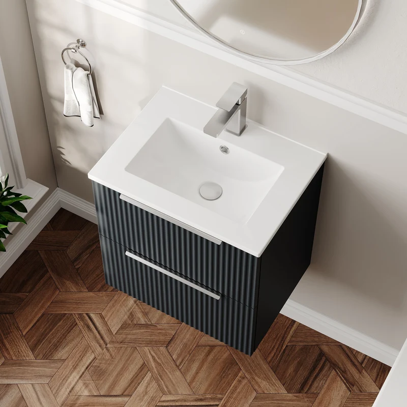 Hudson Reed Fluted Wall Hung 500mm Vanity Unit With 2 Drawers & Ceramic Basin - Satin Anthracite