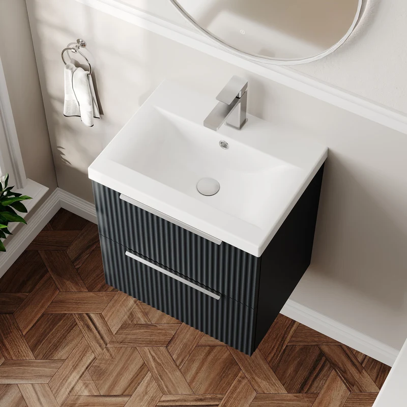 Hudson Reed Fluted Wall Hung 500mm Vanity Unit With 2 Drawers & Ceramic Basin - Satin Anthracite
