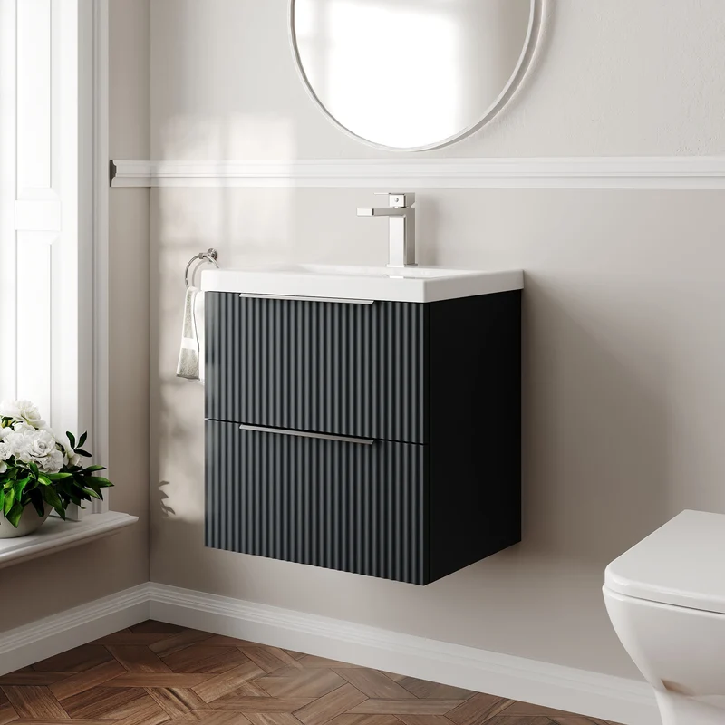 Hudson Reed Fluted Wall Hung 500mm Vanity Unit With 2 Drawers & Ceramic Basin - Satin Anthracite