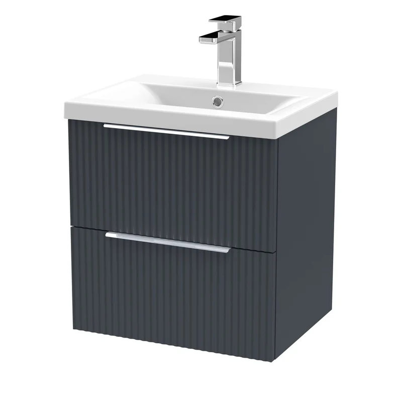 Hudson Reed Fluted Wall Hung 500mm Vanity Unit With 2 Drawers & Ceramic Basin - Satin Anthracite