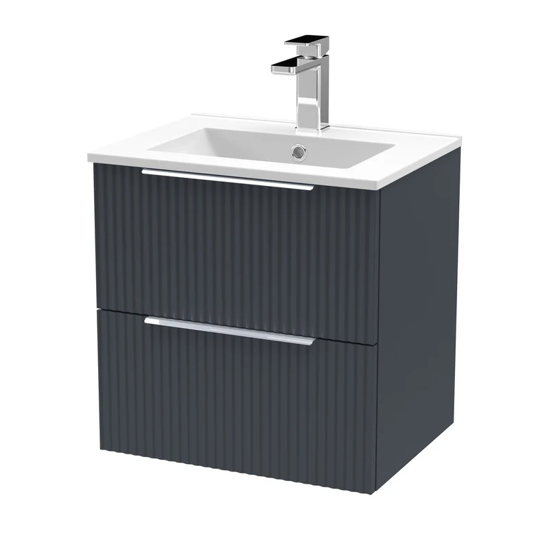 Hudson Reed Fluted Wall Hung 500mm Vanity Unit With 2 Drawers & Ceramic Basin - Satin Anthracite