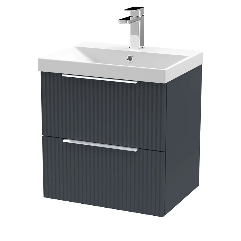 Hudson Reed Fluted Wall Hung 500mm Vanity Unit With 2 Drawers & Ceramic Basin - Satin Anthracite