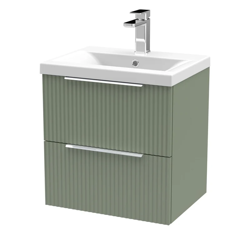 Hudson Reed Fluted Wall Hung 500mm Vanity Unit With 2 Drawers & Ceramic Basin - Satin Green