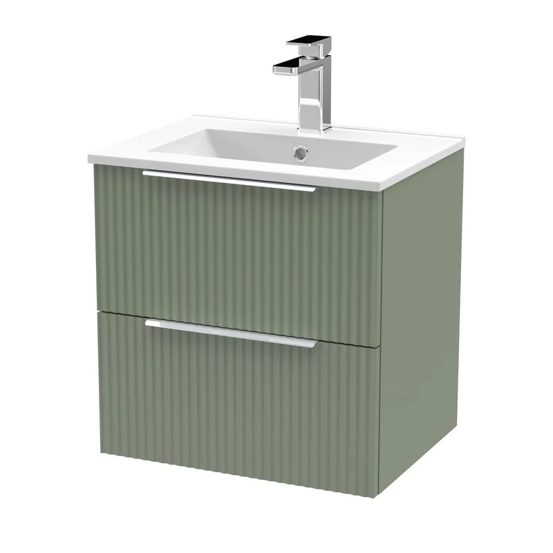 Hudson Reed Fluted Wall Hung 500mm Vanity Unit With 2 Drawers & Ceramic Basin - Satin Green