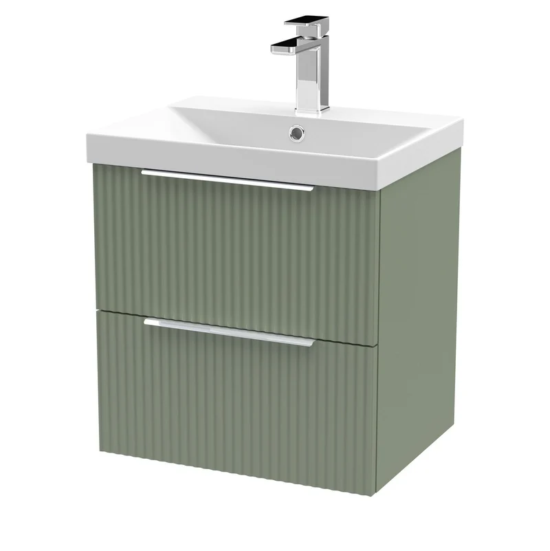 Hudson Reed Fluted Wall Hung 500mm Vanity Unit With 2 Drawers & Ceramic Basin - Satin Green