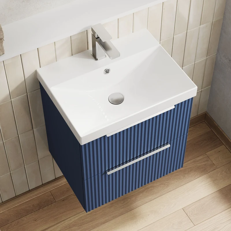 Hudson Reed Fluted Wall Hung 500mm Vanity Unit With 2 Drawers & Ceramic Basin - Satin Blue