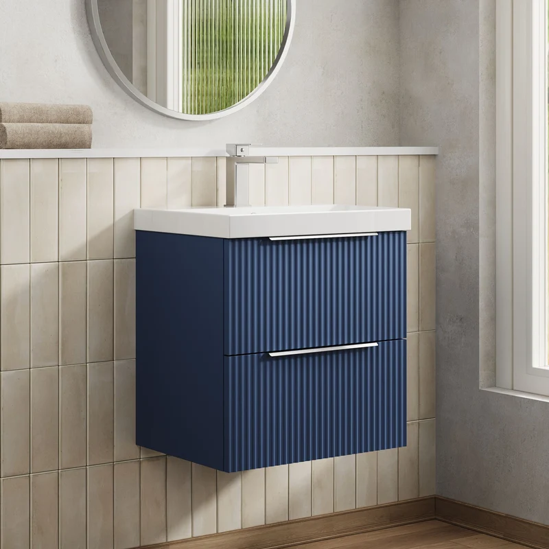 Hudson Reed Fluted Wall Hung 500mm Vanity Unit With 2 Drawers & Ceramic Basin - Satin Blue
