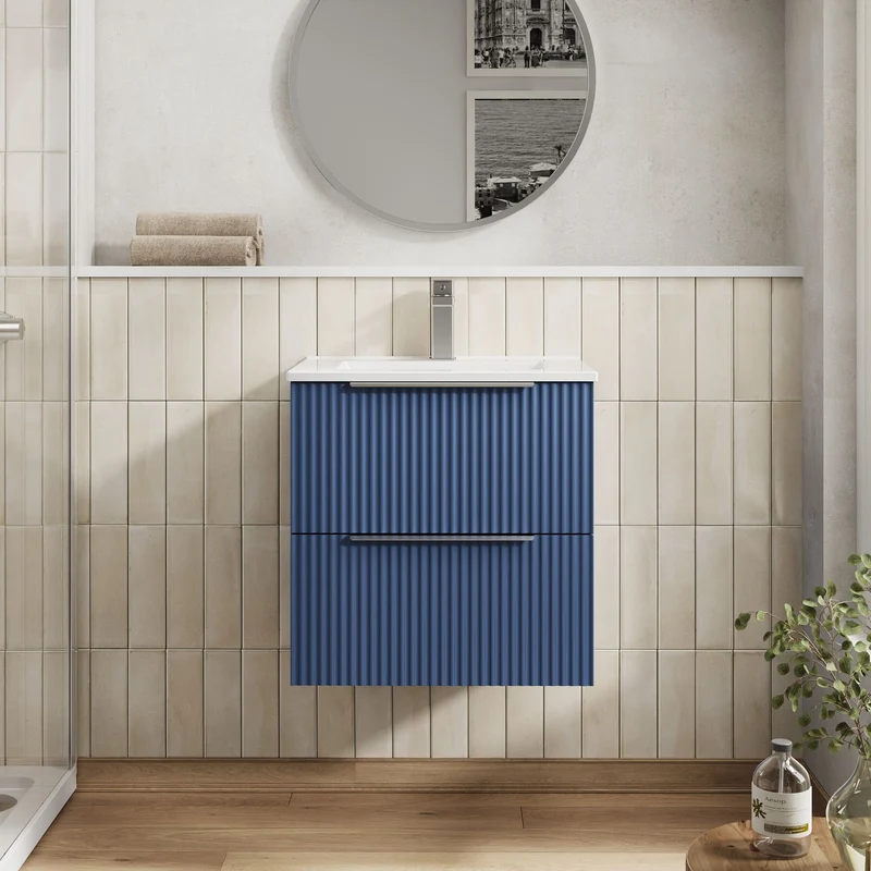Hudson Reed Fluted Wall Hung 500mm Vanity Unit With 2 Drawers & Ceramic Basin - Satin Blue