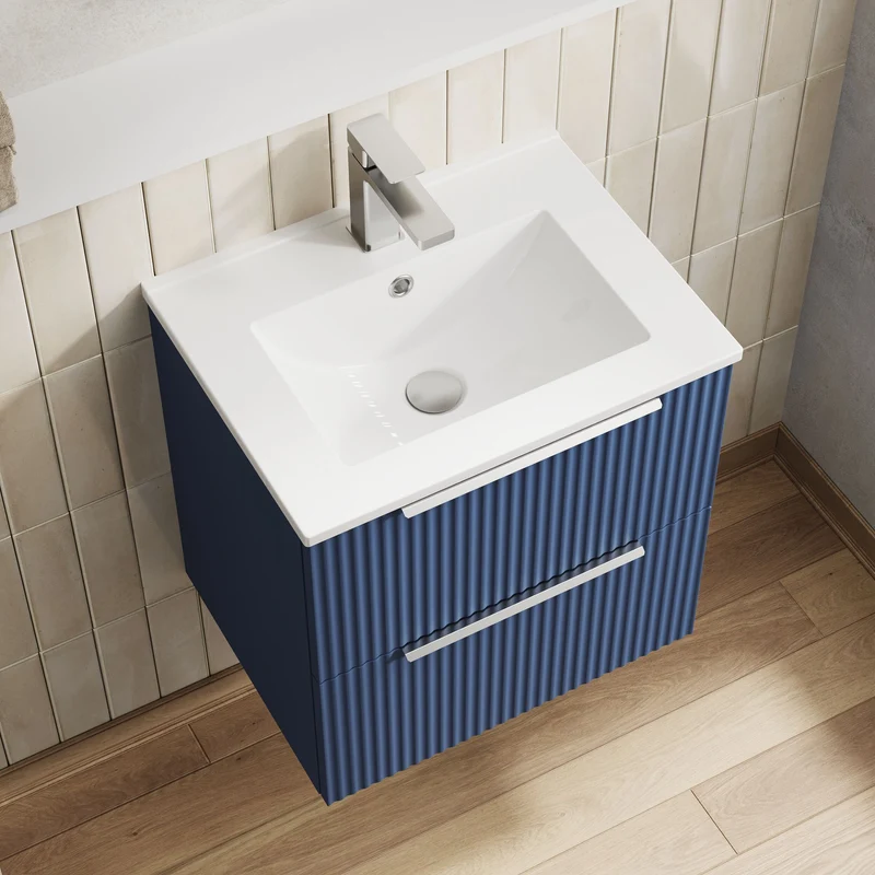 Hudson Reed Fluted Wall Hung 500mm Vanity Unit With 2 Drawers & Ceramic Basin - Satin Blue