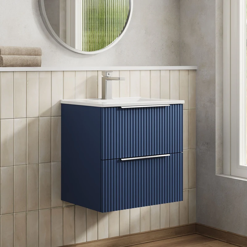Hudson Reed Fluted Wall Hung 500mm Vanity Unit With 2 Drawers & Ceramic Basin - Satin Blue