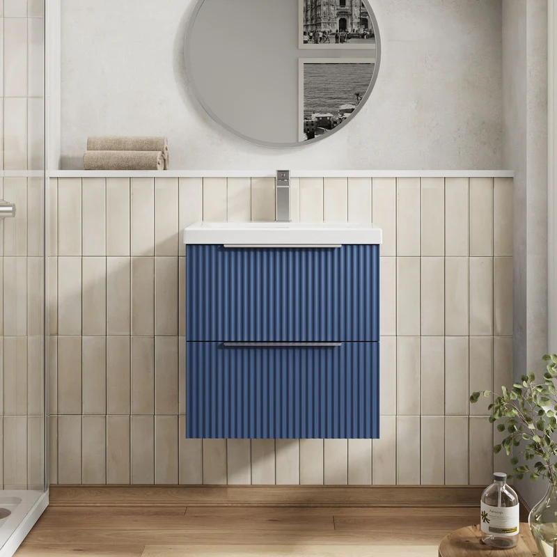 Hudson Reed Fluted Wall Hung 500mm Vanity Unit With 2 Drawers & Ceramic Basin - Satin Blue