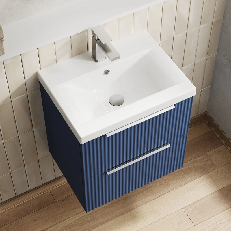 Hudson Reed Fluted Wall Hung 500mm Vanity Unit With 2 Drawers & Ceramic Basin - Satin Blue