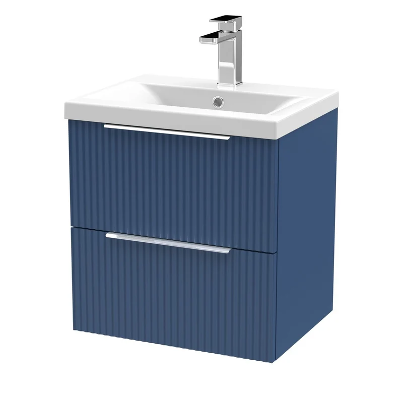 Hudson Reed Fluted Wall Hung 500mm Vanity Unit With 2 Drawers & Ceramic Basin - Satin Blue