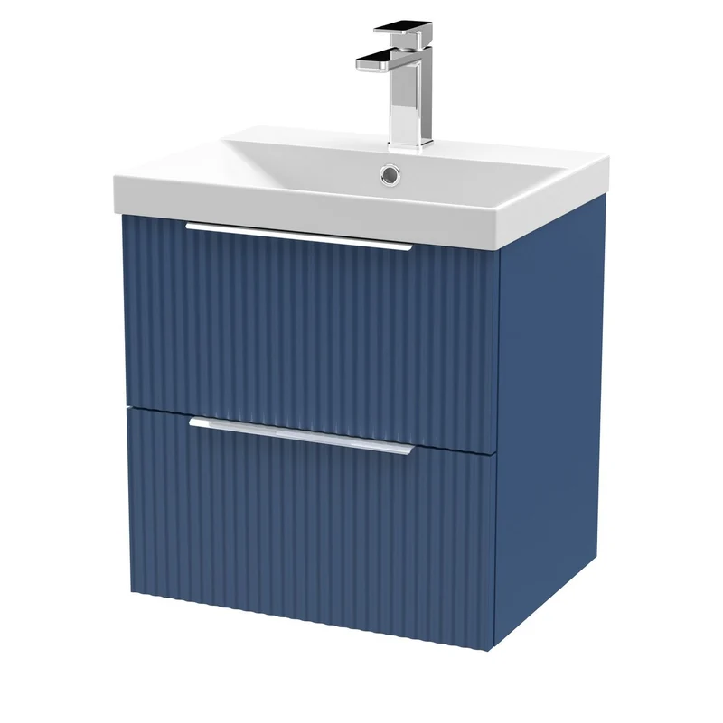 Hudson Reed Fluted Wall Hung 500mm Vanity Unit With 2 Drawers & Ceramic Basin - Satin Blue