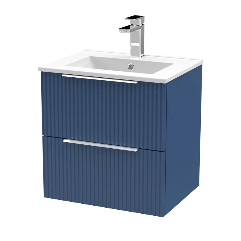 Hudson Reed Fluted Wall Hung 500mm Vanity Unit With 2 Drawers & Ceramic Basin - Satin Blue