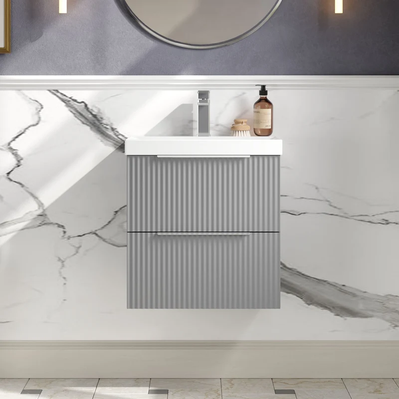 Hudson Reed Fluted Wall Hung 500mm Vanity Unit With 2 Drawers & Ceramic Basin - Satin Grey