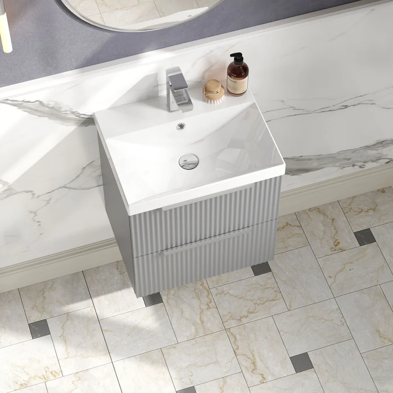 Hudson Reed Fluted Wall Hung 500mm Vanity Unit With 2 Drawers & Ceramic Basin - Satin Grey