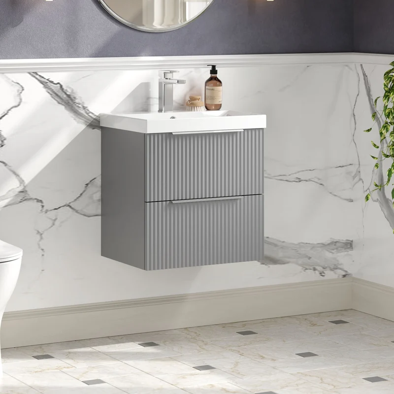 Hudson Reed Fluted Wall Hung 500mm Vanity Unit With 2 Drawers & Ceramic Basin - Satin Grey