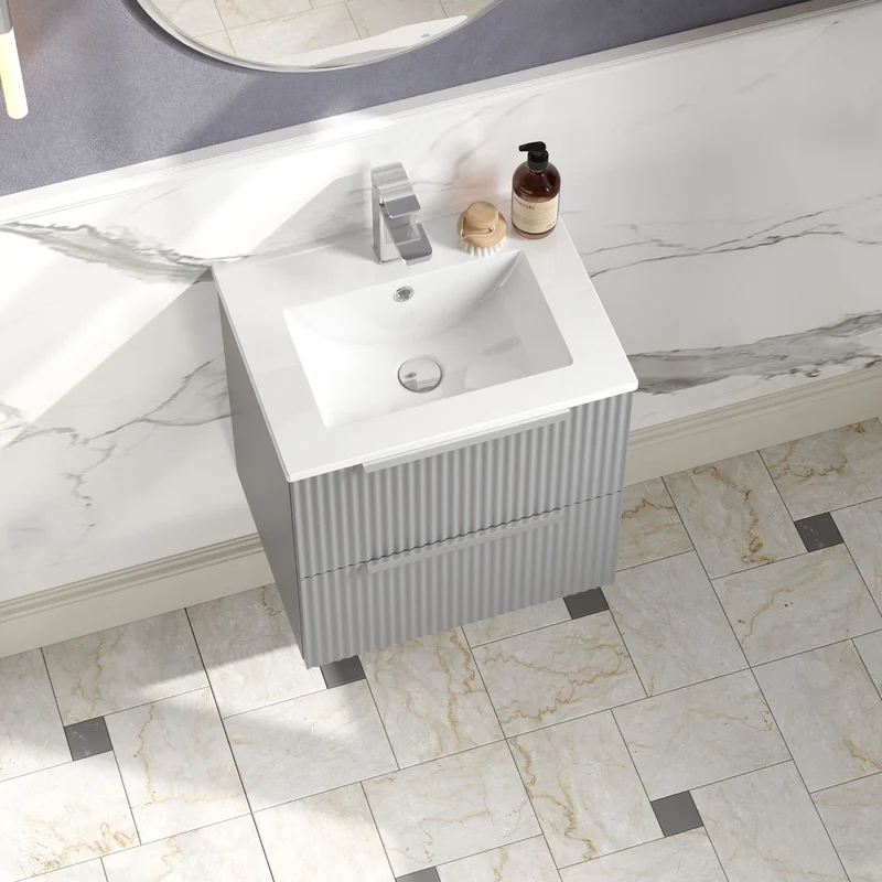 Hudson Reed Fluted Wall Hung 500mm Vanity Unit With 2 Drawers & Ceramic Basin - Satin Grey