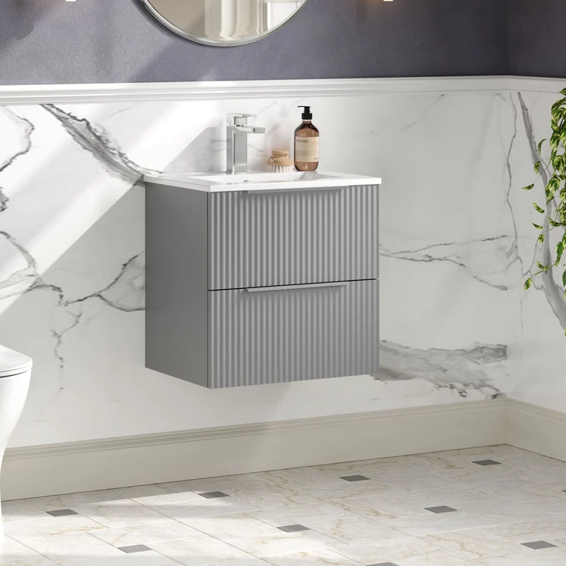 Hudson Reed Fluted Wall Hung 500mm Vanity Unit With 2 Drawers & Ceramic Basin - Satin Grey
