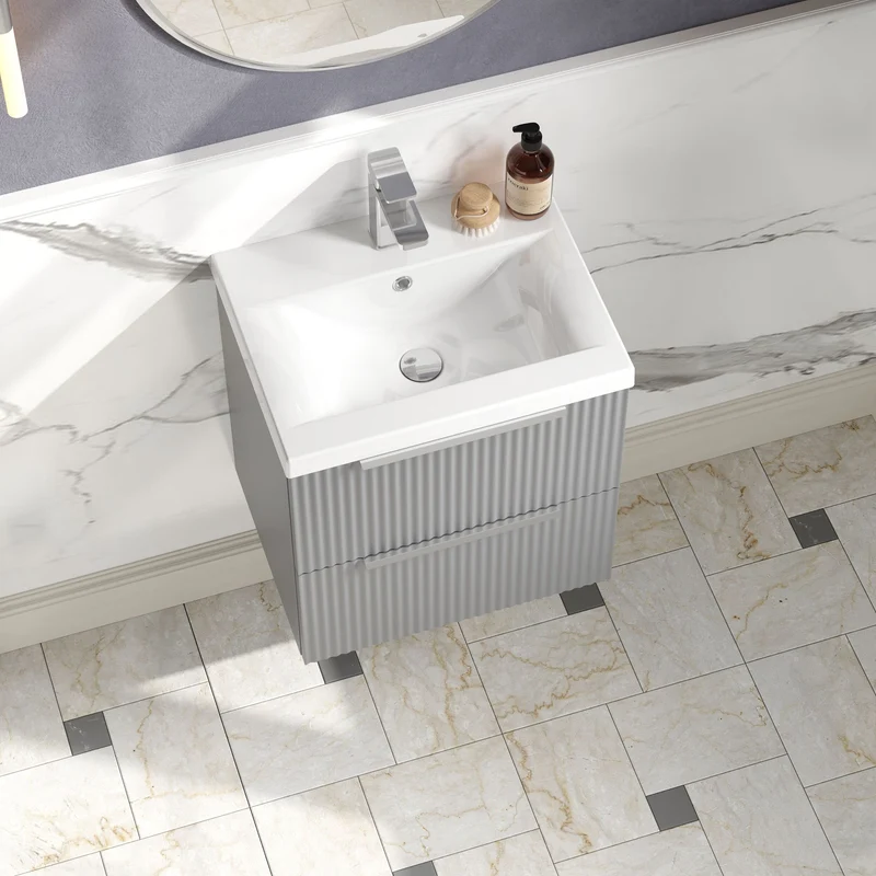 Hudson Reed Fluted Wall Hung 500mm Vanity Unit With 2 Drawers & Ceramic Basin - Satin Grey