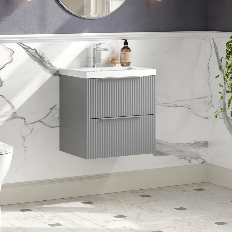 Hudson Reed Fluted Wall Hung 500mm Vanity Unit With 2 Drawers & Ceramic Basin - Satin Grey