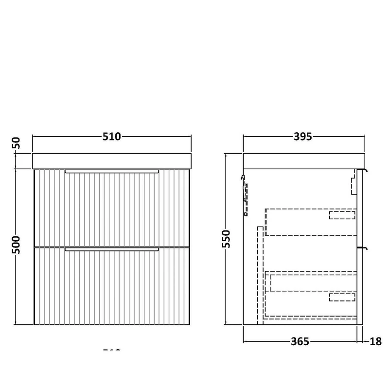 Hudson Reed Fluted Wall Hung 500mm Vanity Unit With 2 Drawers & Ceramic Basin - Satin Grey