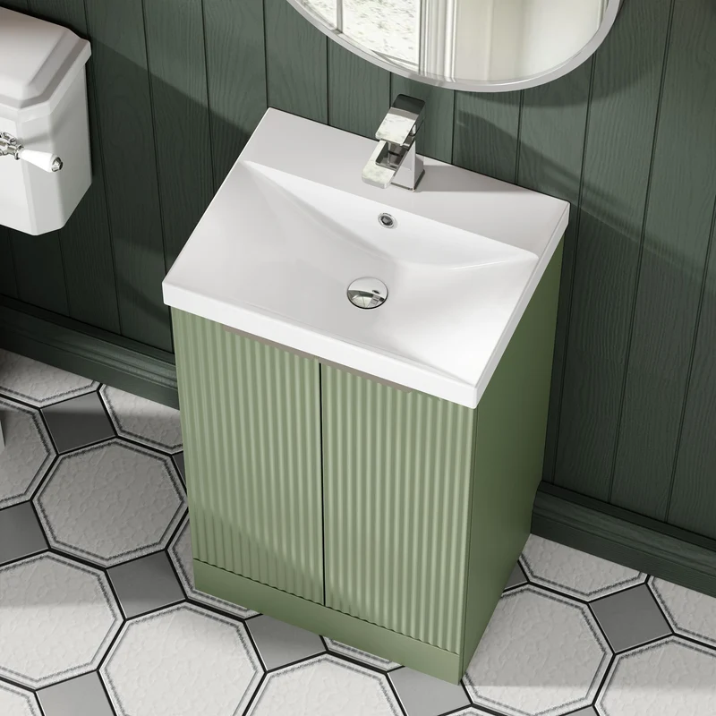Hudson Reed Fluted Floor Standing 500mm Vanity Unit & Ceramic Basin - Satin Green