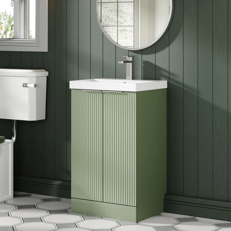 Hudson Reed Fluted Floor Standing 500mm Vanity Unit & Ceramic Basin - Satin Green
