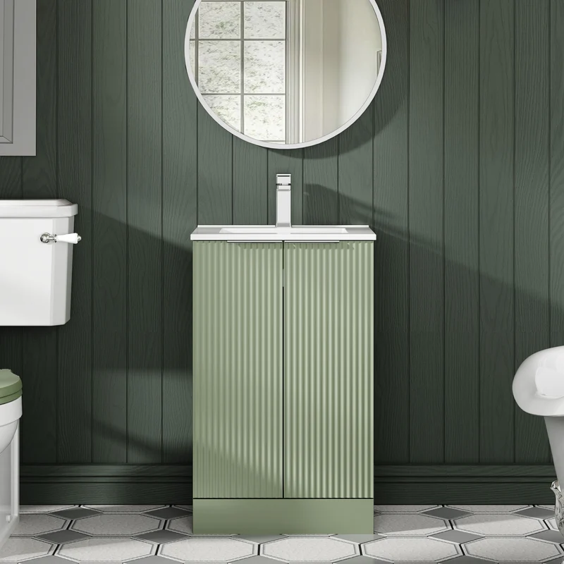 Hudson Reed Fluted Floor Standing 500mm Vanity Unit & Ceramic Basin - Satin Green
