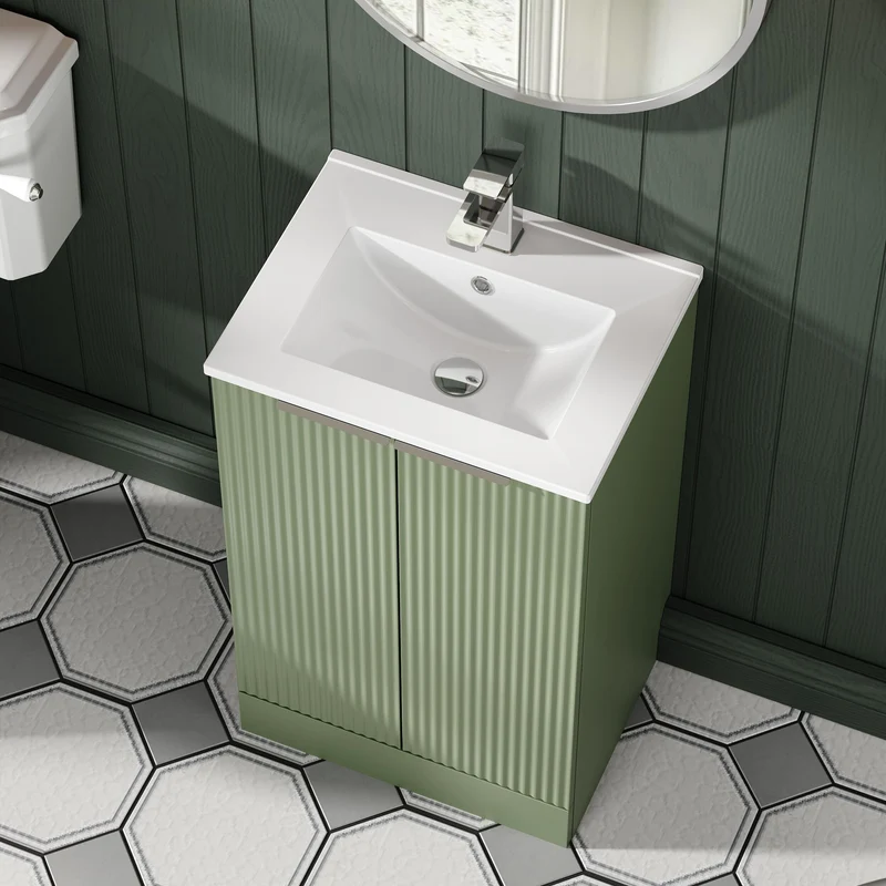 Hudson Reed Fluted Floor Standing 500mm Vanity Unit & Ceramic Basin - Satin Green