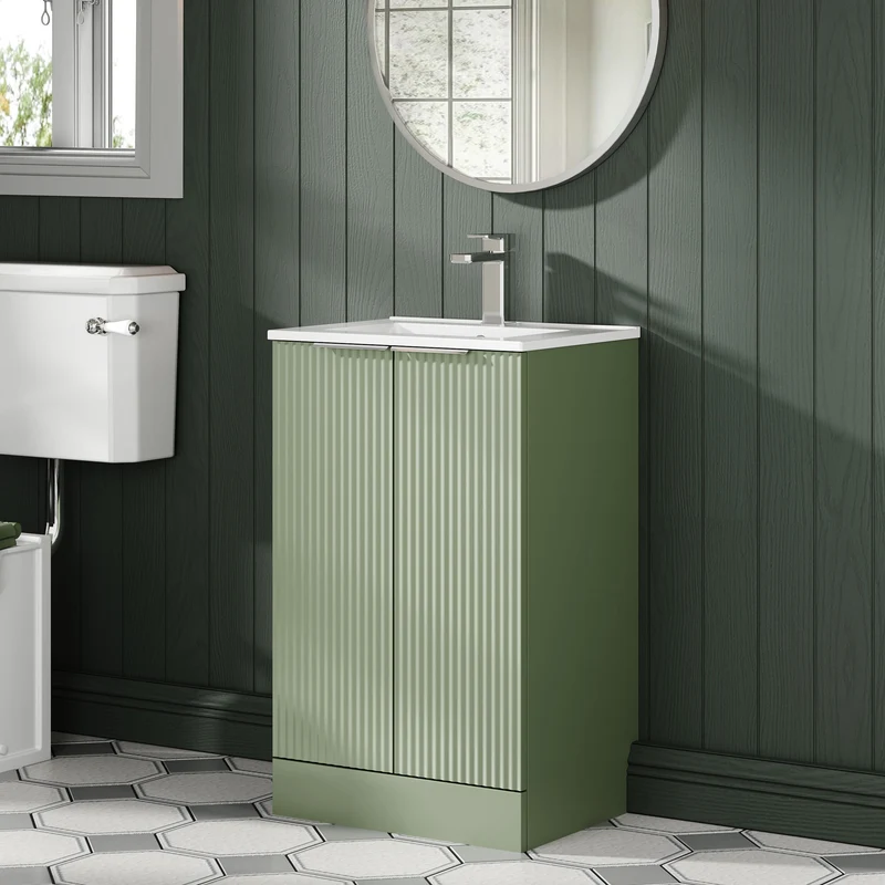 Hudson Reed Fluted Floor Standing 500mm Vanity Unit & Ceramic Basin - Satin Green