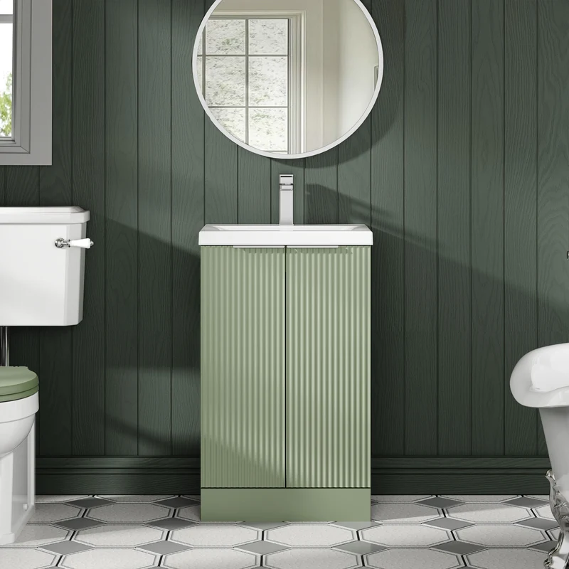 Hudson Reed Fluted Floor Standing 500mm Vanity Unit & Ceramic Basin - Satin Green