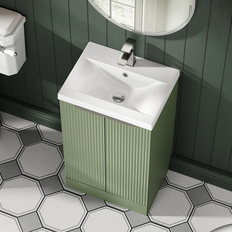 Hudson Reed Fluted Floor Standing 500mm Vanity Unit & Ceramic Basin - Satin Green